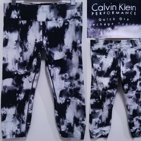 Calvin Klein Performance Black White Camo Yoga Crop Leggings Size L Quick Dry - Picture 1 of 8
